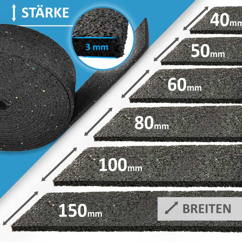 Gummigranulat-Rollen I Stärke 3 mm I Breite 40, 50, 60, 80, 100, 150 mm I Terrassenpad, Terrassenpads, Gummigranulat, Terrassenbau Rollen Streifen Terrasse